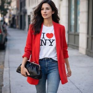 Cato Red Shawl Collar-Style Open Front 3/4 Ruched Sleeve Blazer Size Large